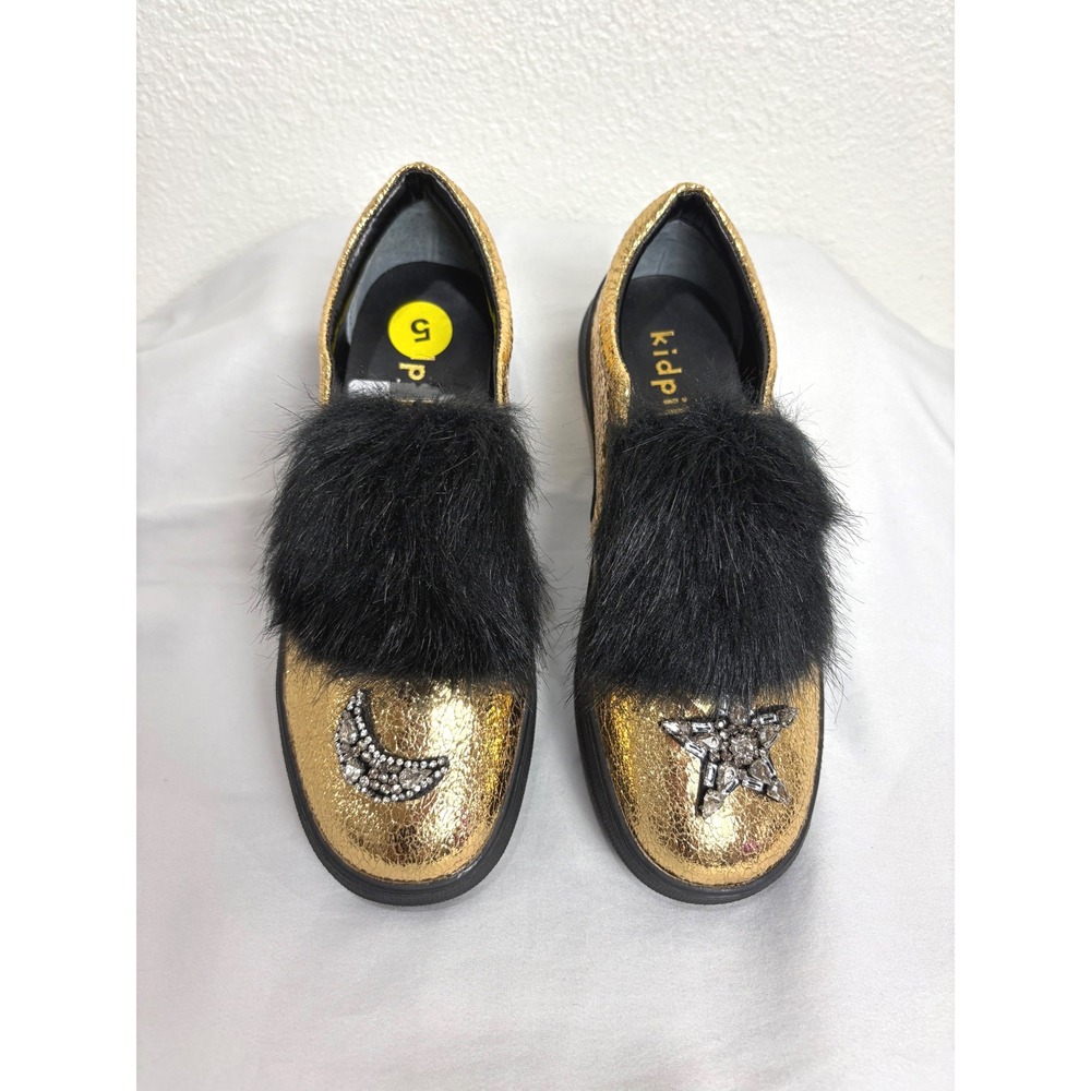 NEW Shiny Gold Celestial Sun & Moon‎ Furry Slip On Shoes Girls Size 5 Statement